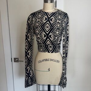 Ronny Kobo Cropped Geometric Top Open Back Tie Waist Flared Cuff